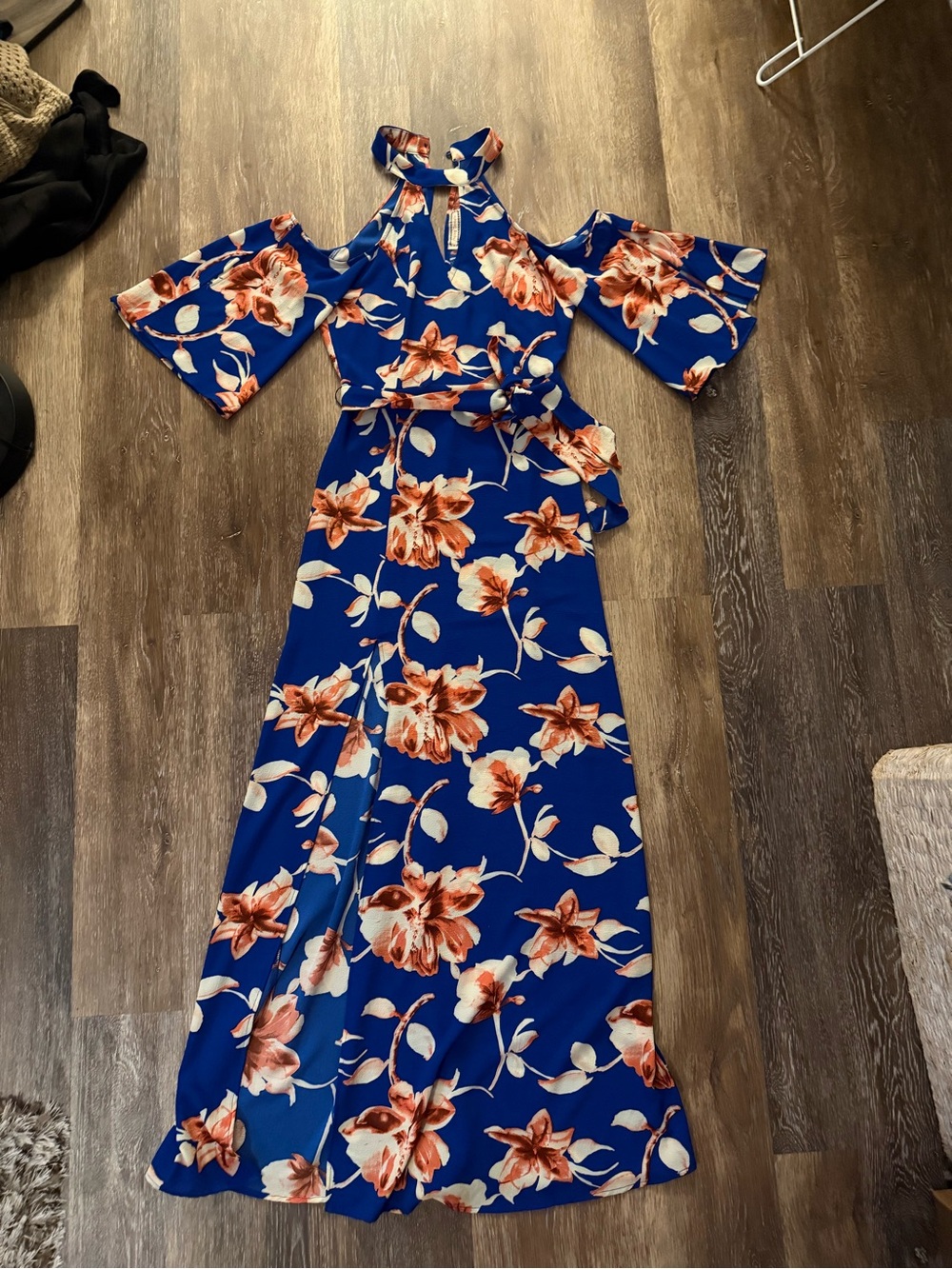 Flying Tomato Royal Blue Floral Cold-Shoulder Maxi Dress